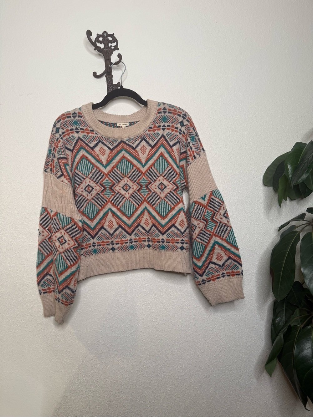 En crème Geometric Southwestern Knit Sweater Cream Teal Rust